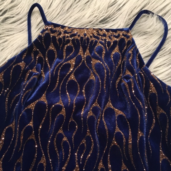 Vintage Dresses & Skirts - 🔥 90s Royal Blue Velvet Gold Sparkle Gown w Slit